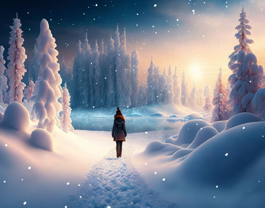 Person in Warm Clothing on Snowy Path in Winter Landscape