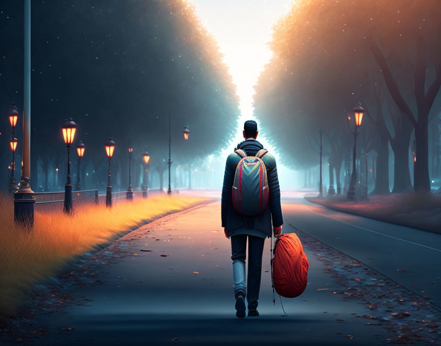 Person walking on foggy path with trees and lamp posts, carrying backpack and rolling suitcase under warm light