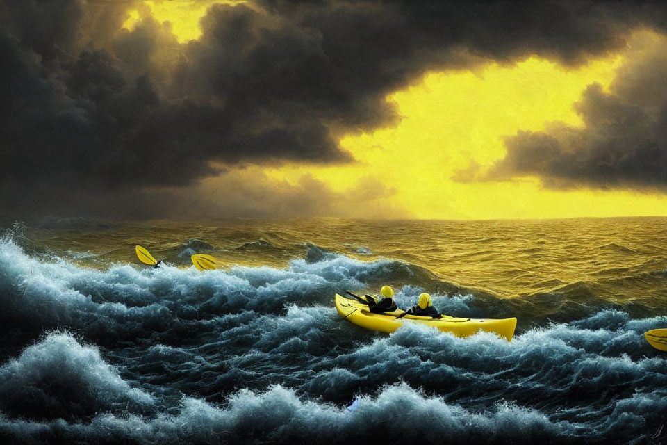 Kayakers in Stormy Ocean Waves with Golden Sun