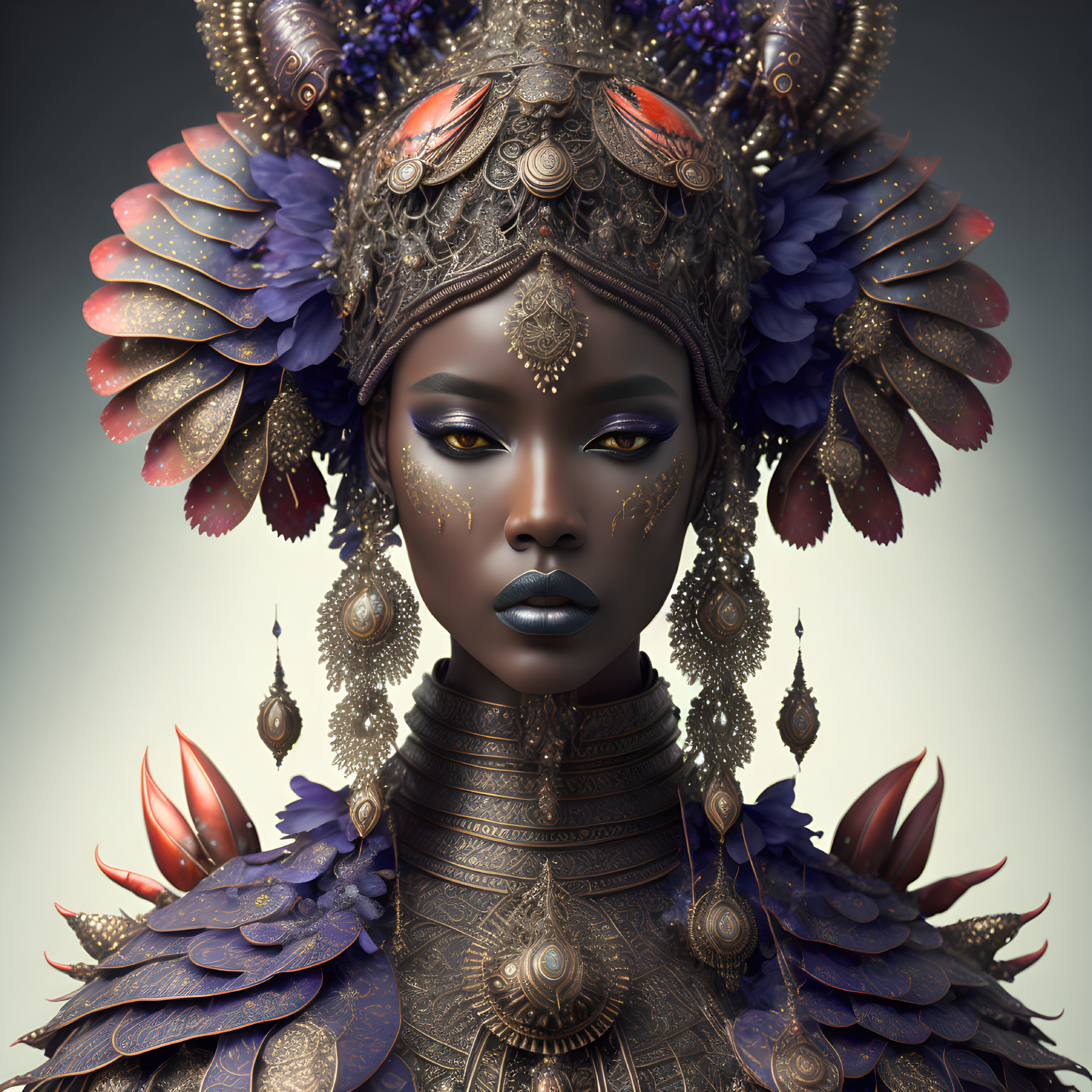 Ornate golden headpiece and jewelry on regal figure with feather details