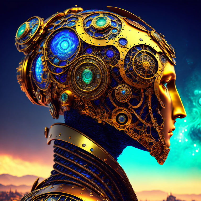 Futuristic robotic head with gold gears and blue glowing eyes in sunset sky