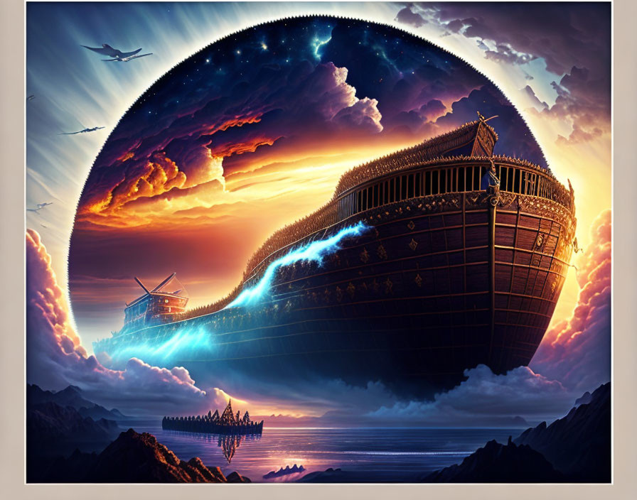 Surreal sunset scene with ark-like ship in dome over calm sea