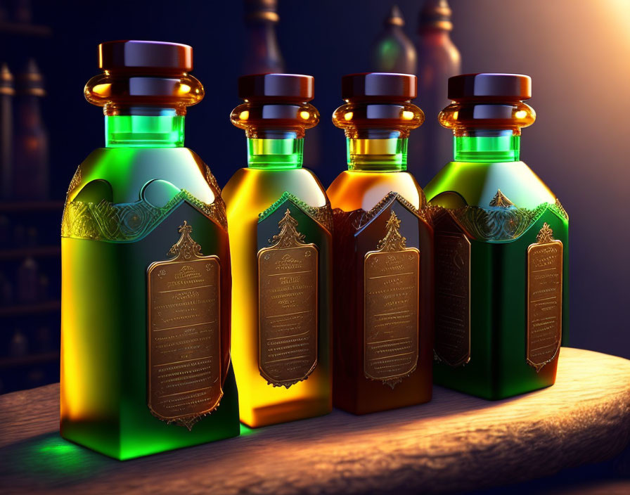 Four glowing contents glass bottles on wooden surface