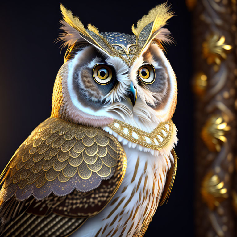 Detailed Digital Illustration of Ornate Owl with Golden Feathers