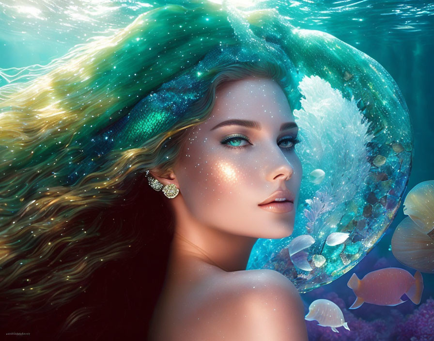 Digital artwork: Woman underwater with vibrant hair, jellyfish & fish in serene ambiance