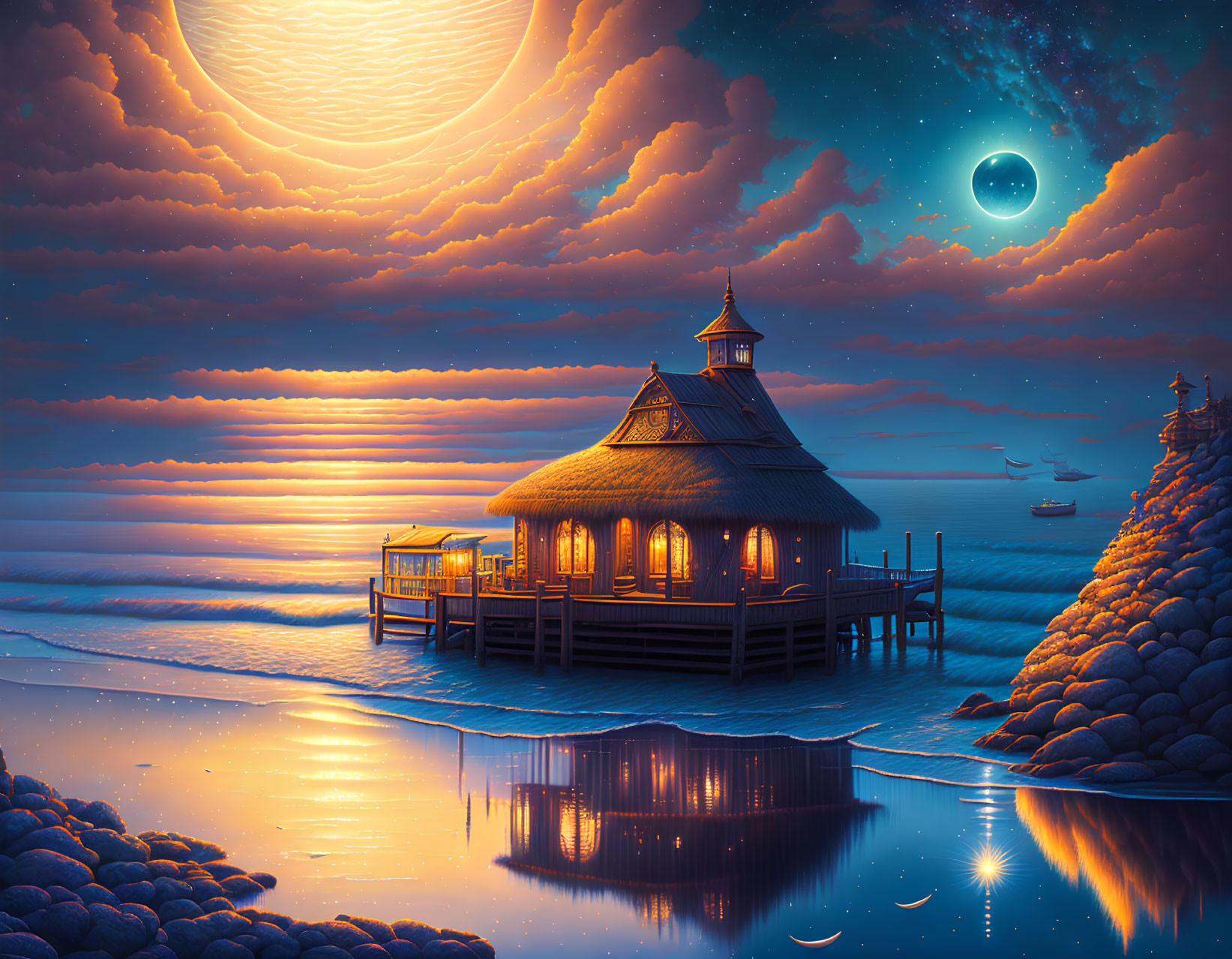 Seaside hut with thatched roof under starry sky and moonlight reflected on calm waters