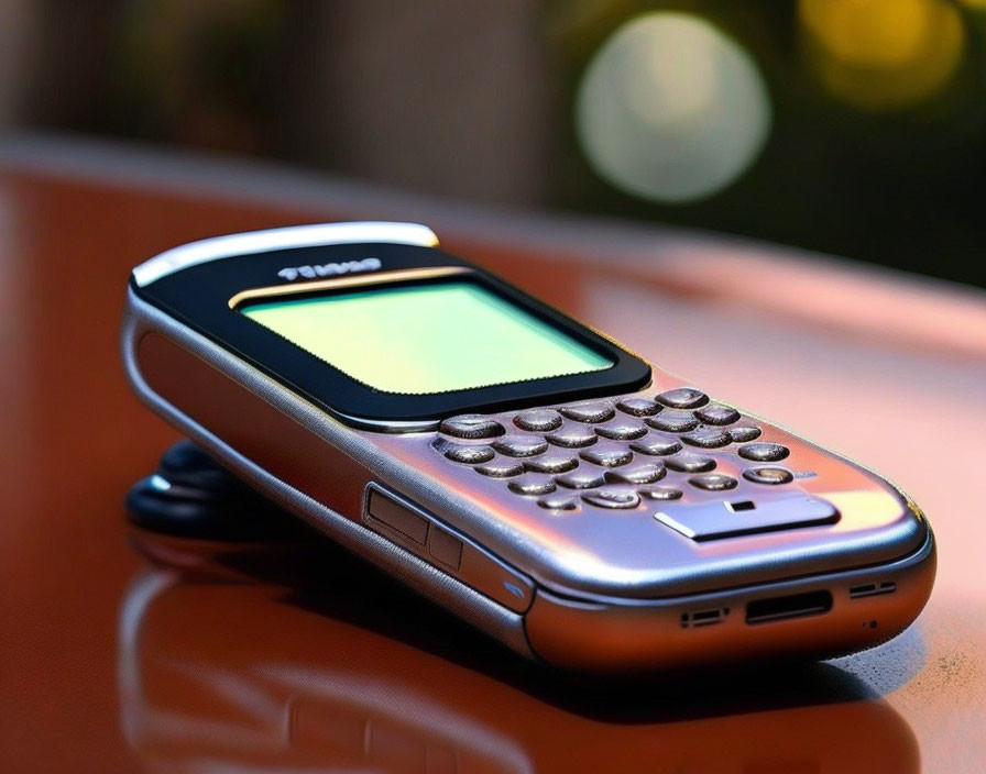 Classic Silver Keypad Mobile Phone on Reflective Surface