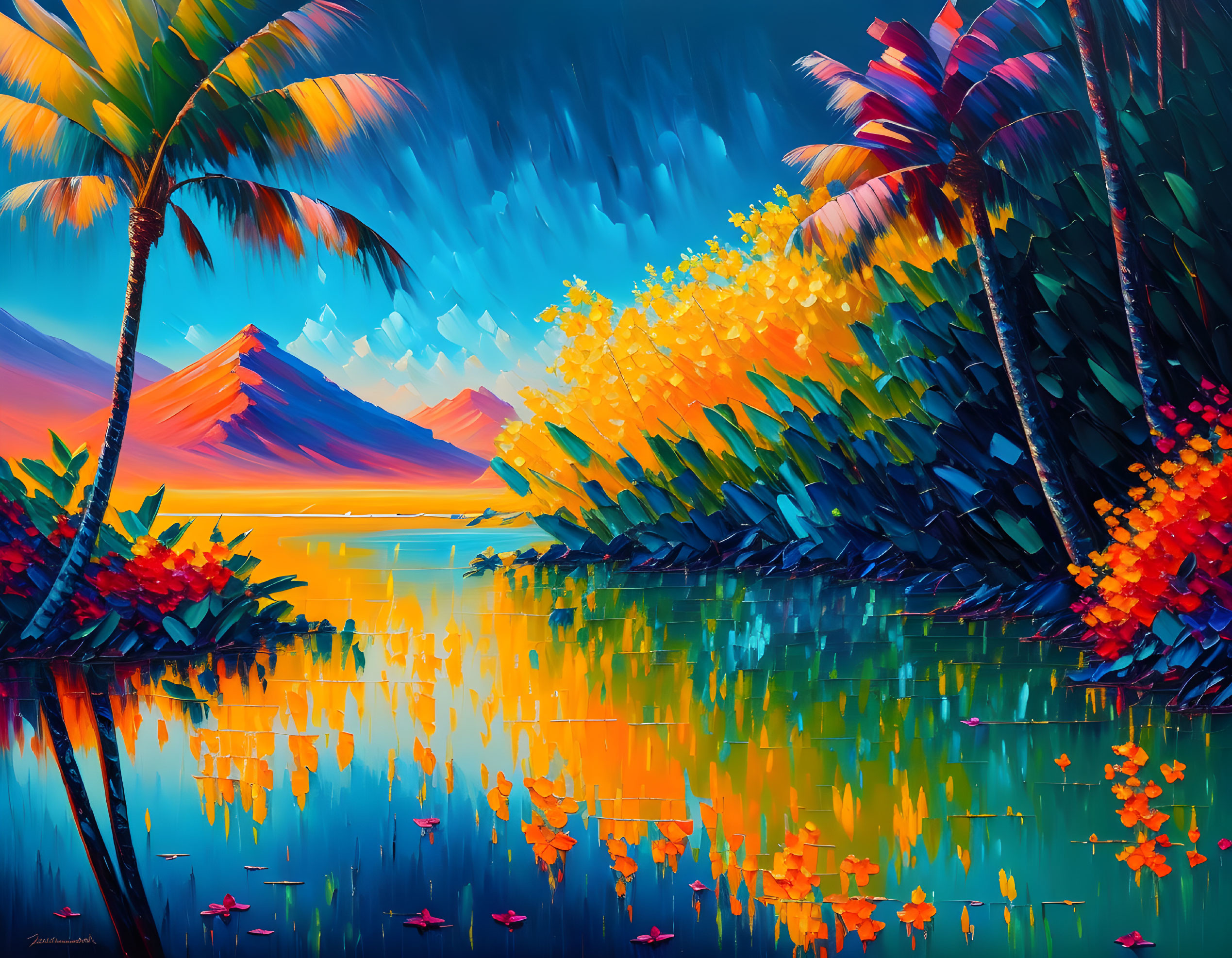 Tropical landscape painting: vibrant dusk scene with reflections, palm trees, colorful foliage, and distant mountains