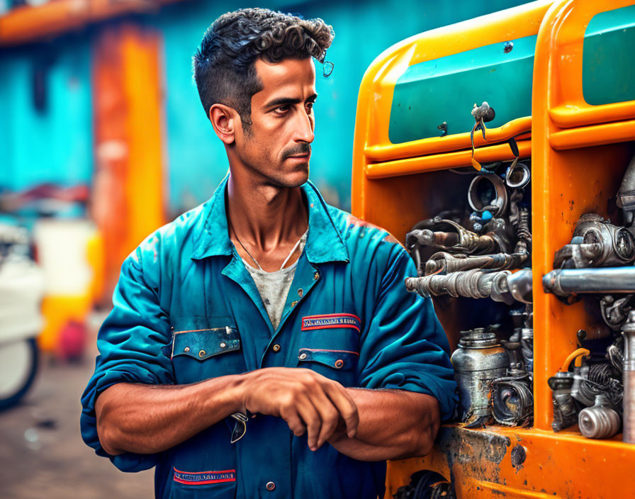 Man in Blue Work Shirt Leaning on Yellow Vehicle with Mechanical Parts Background