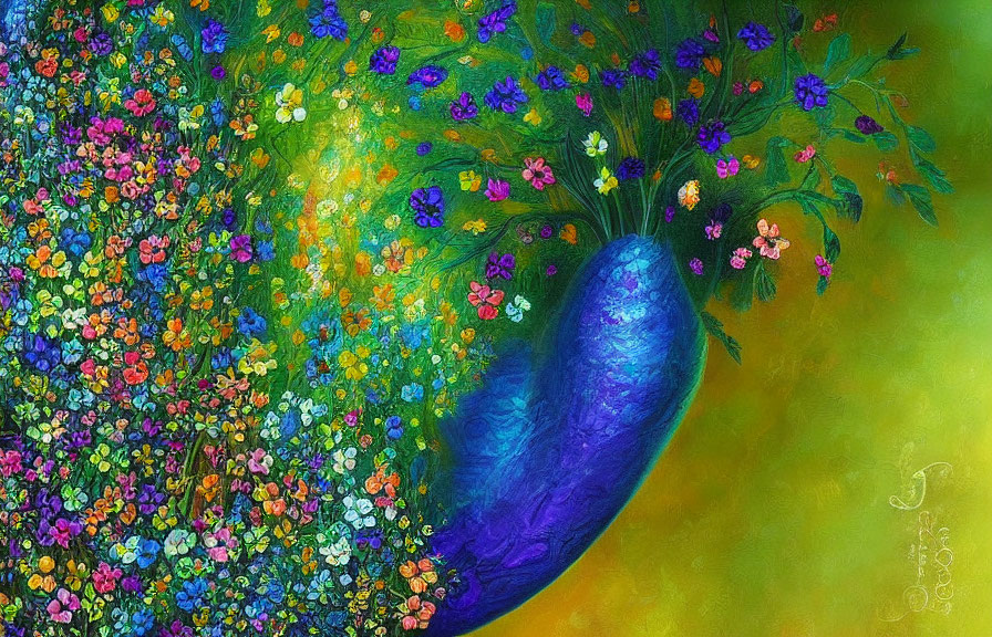 Colorful Abstract Painting: Blue Vase Overflowing with Flowers on Yellow-Green Background