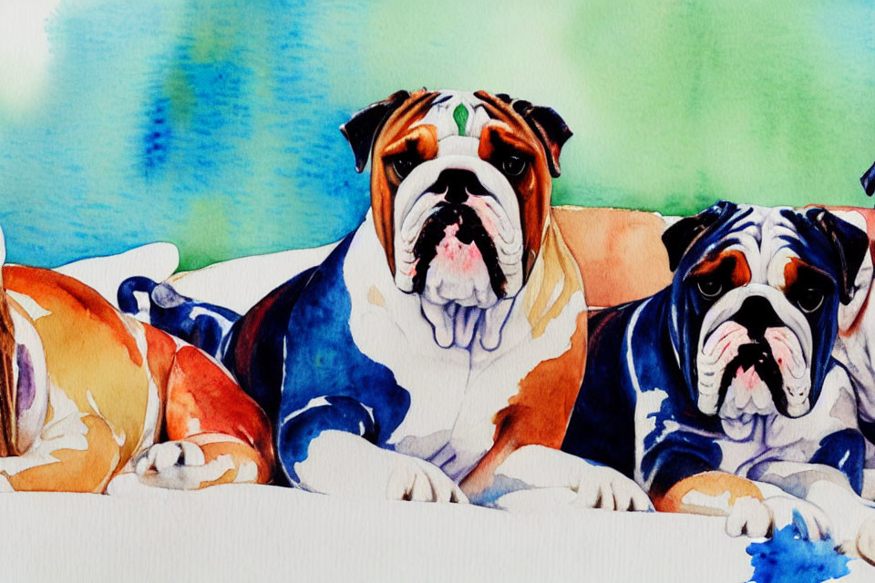 Vibrant watercolor painting of three lounging bulldogs