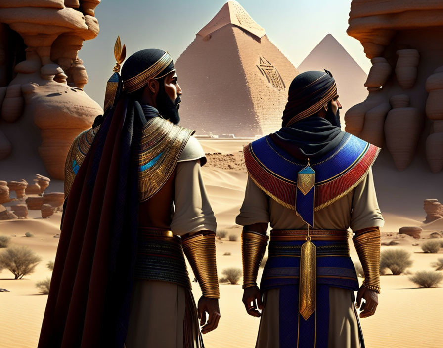 Ancient Egyptian royalty animated characters with pyramids in desert landscape