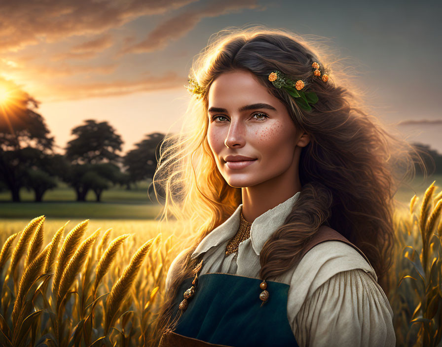 Woman with floral crown smiling in golden wheat field at sunset