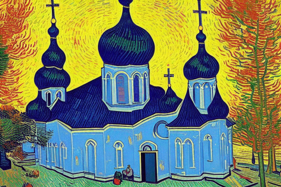 Expressionist Painting of Blue Orthodox Church with Black Domes in Swirling Sky