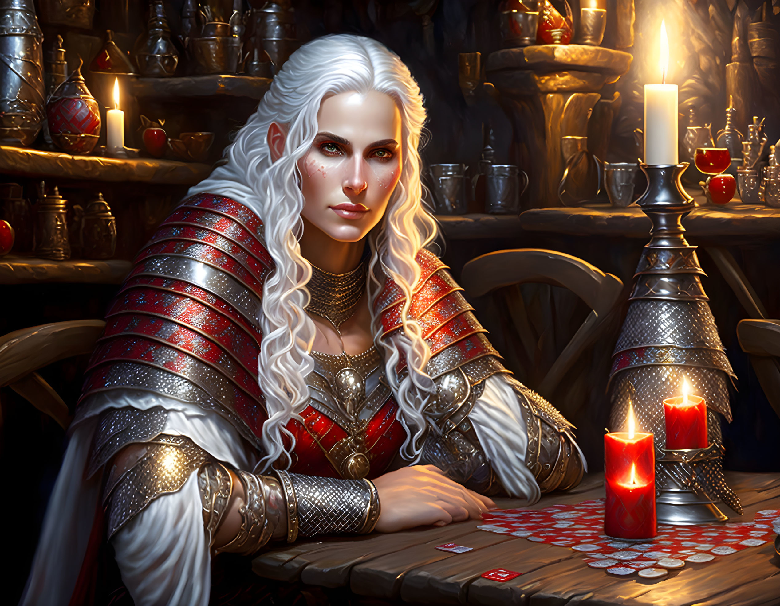 White-Haired Woman in Red Armor at Candlelit Table with Playing Cards