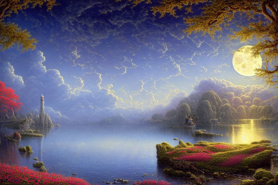 Tranquil fantasy landscape with full moon, serene lake, lush trees, vibrant flowers, and distant