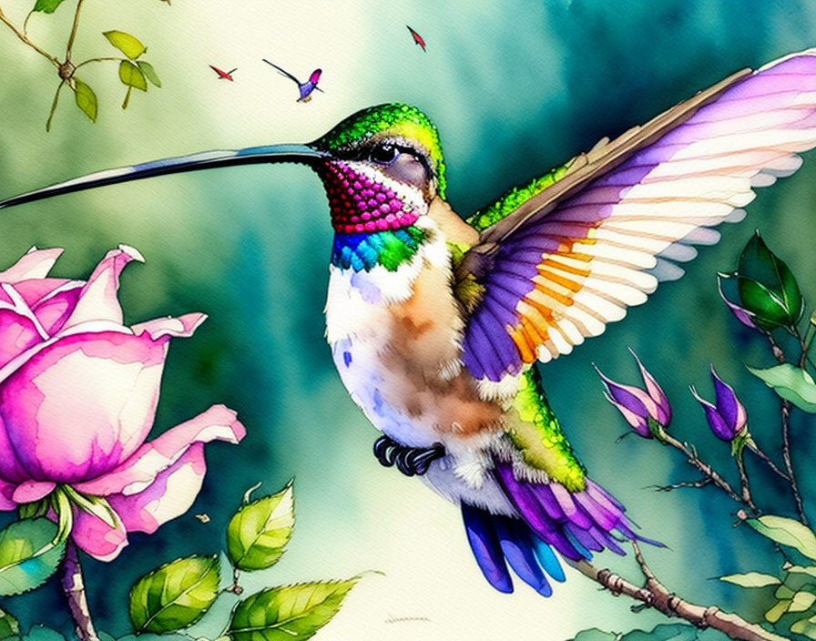 Colorful Watercolor Illustration of Hummingbird and Rose in Nature