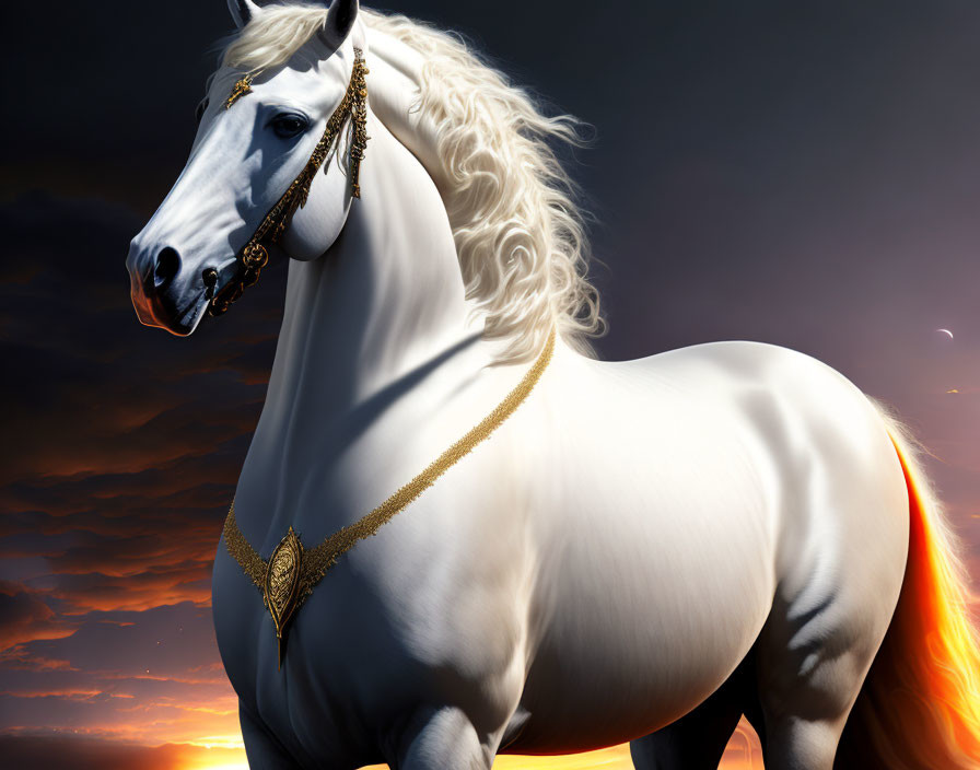 Majestic white horse with golden bridal in dramatic sunset scene