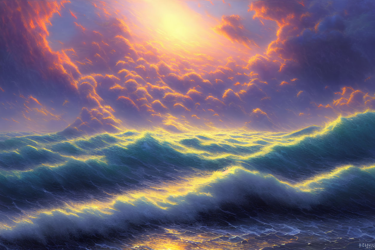 Sunlit clouds over tumultuous ocean waves in vibrant painting