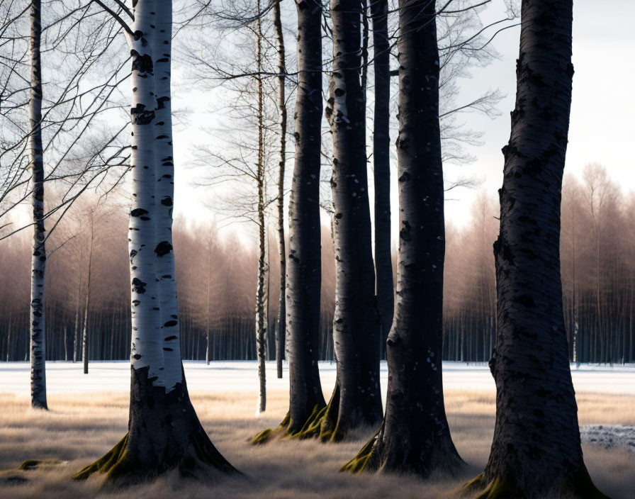 Snowy landscape with birch trees and white peeling bark in warm light