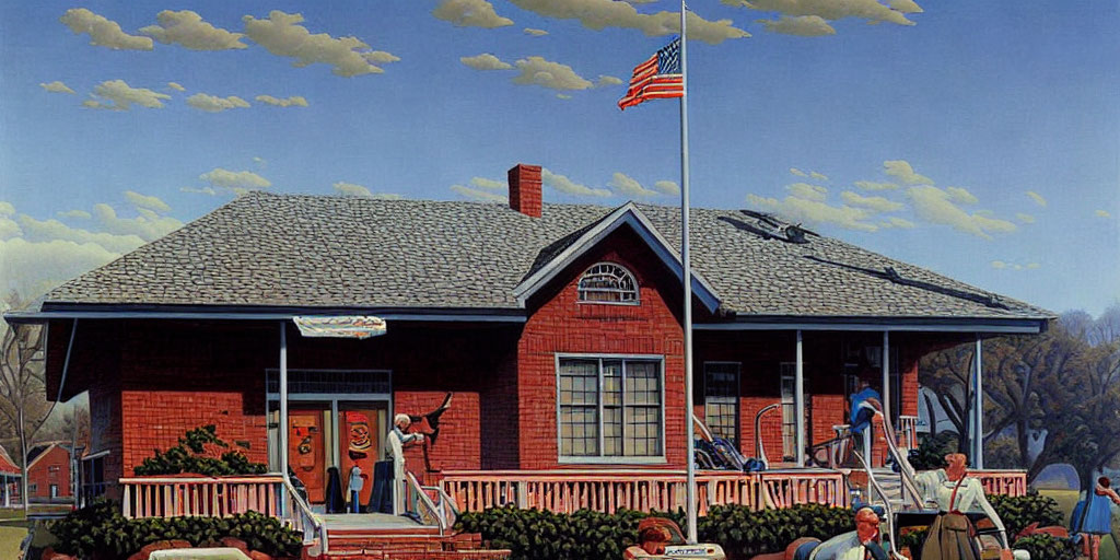 Traditional American schoolhouse with brick walls, porch, flagpole, and figures.