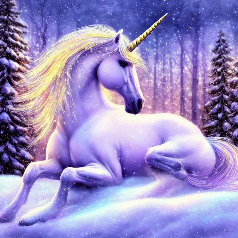 Majestic unicorn with golden mane in snowy forest under starry sky