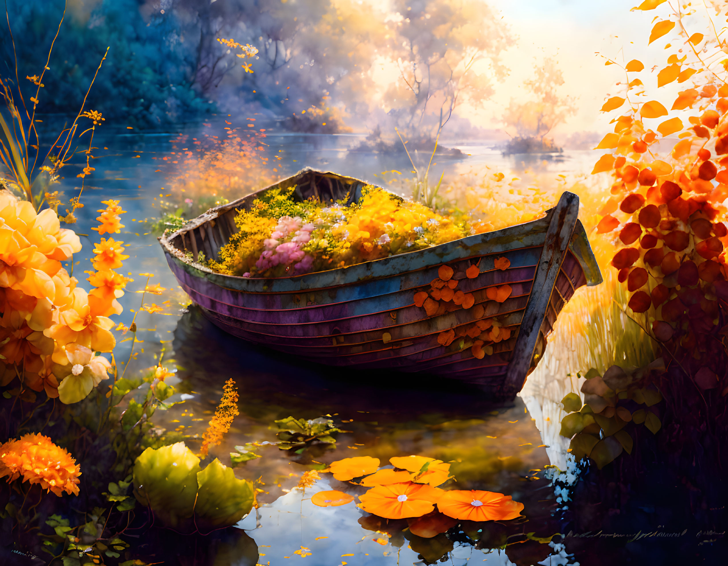 Colorful flowers in old wooden boat on serene river with autumn foliage and misty forest.