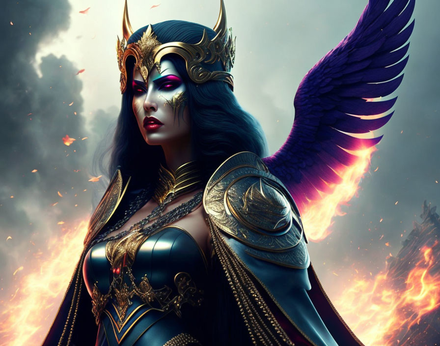 Majestic female warrior with golden crown and purple wings in fiery sky