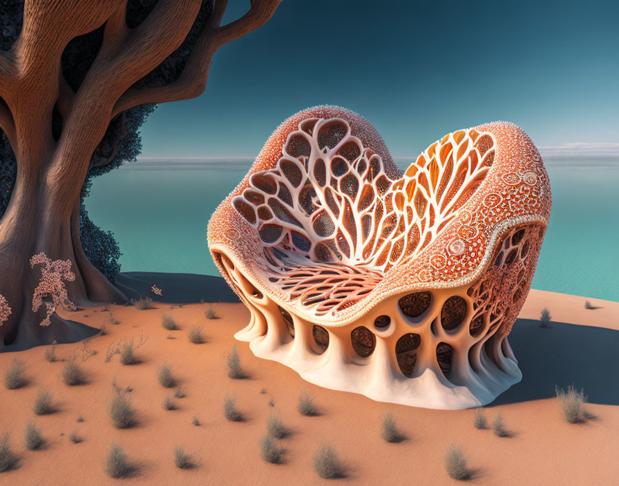 Surreal desert landscape with tree and coral-like structure under blue sky