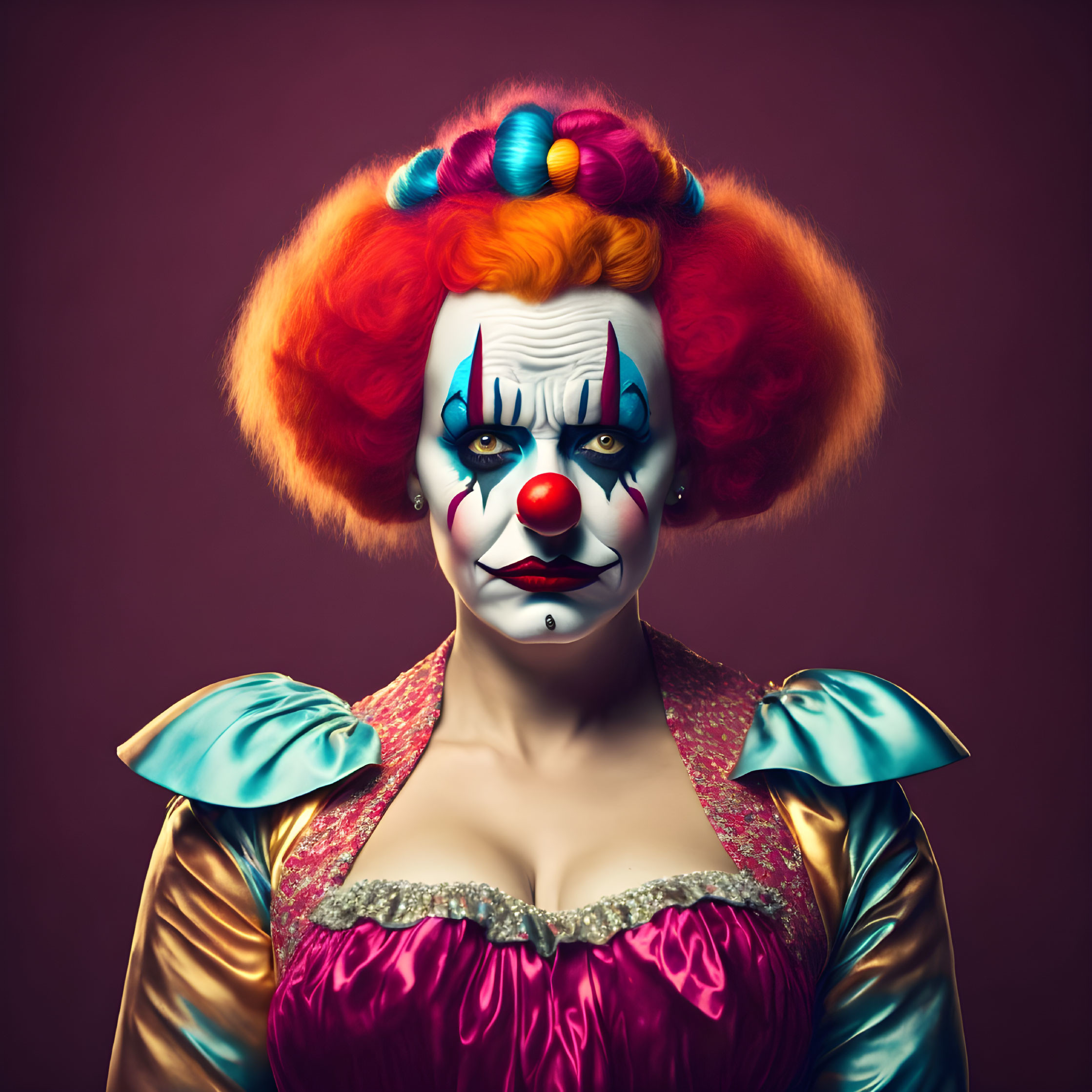 Colorful Clown in Festive Costume on Maroon Background