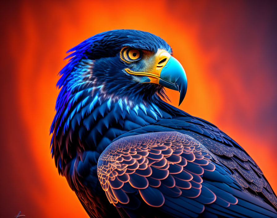 Vibrant eagle with blue plumage on fiery orange background