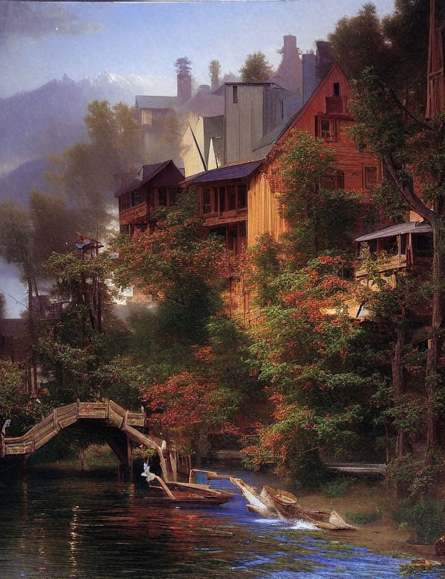 Tranquil river scene with rustic houses, small bridge, boat, and sunlight.