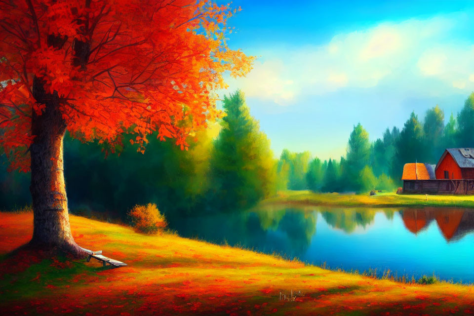 Tranquil autumn landscape with orange tree, lake, wooden house, and forest.