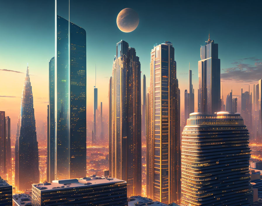 Futuristic sunset cityscape with skyscrapers and large moon