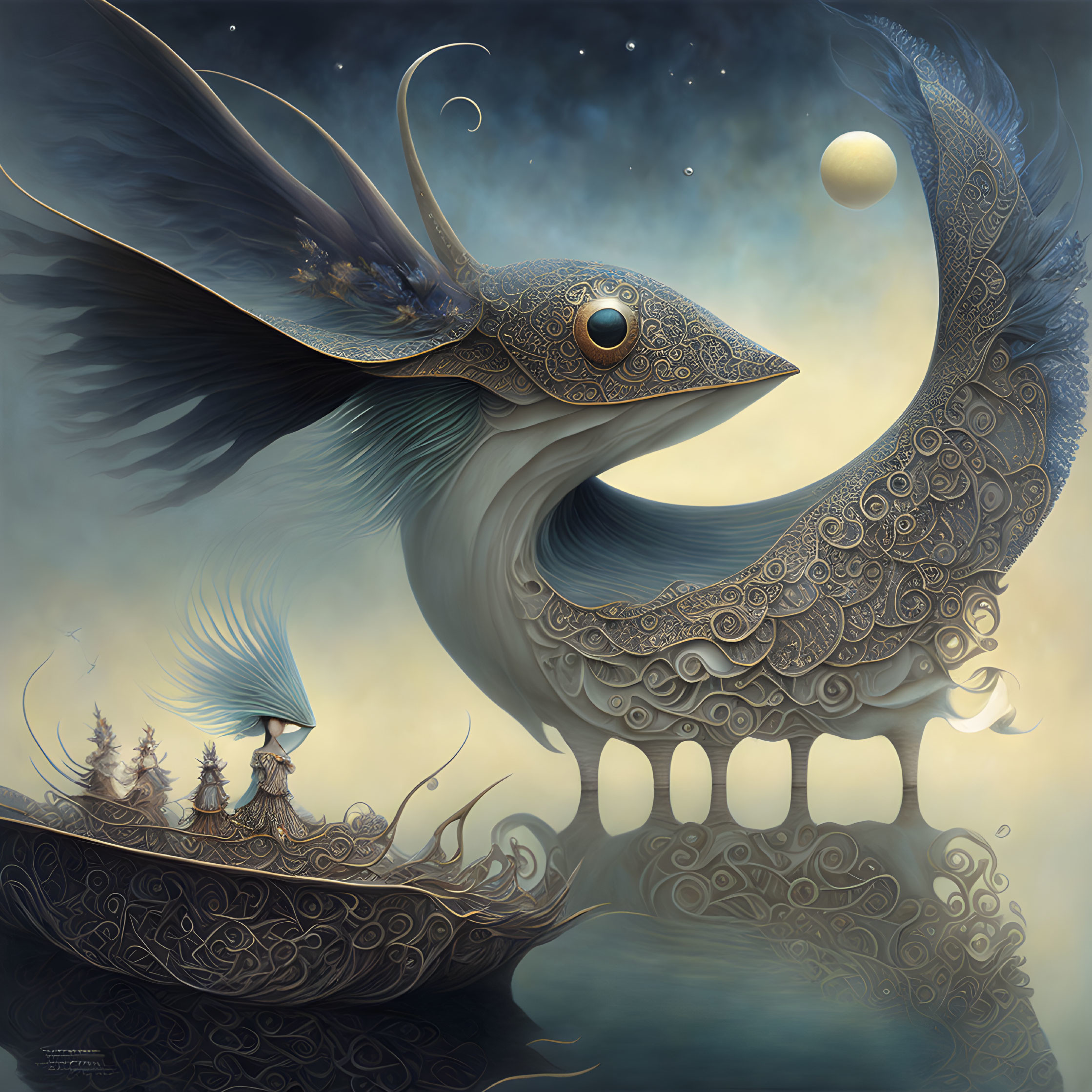 Person on boat-shaped structure under giant bird in misty celestial backdrop