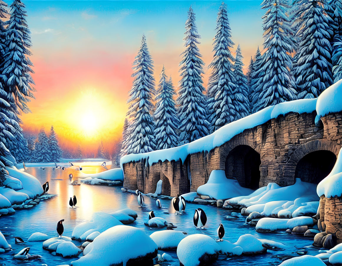 Winter scene with stone bridges, pine trees, river swans, and colorful sunrise