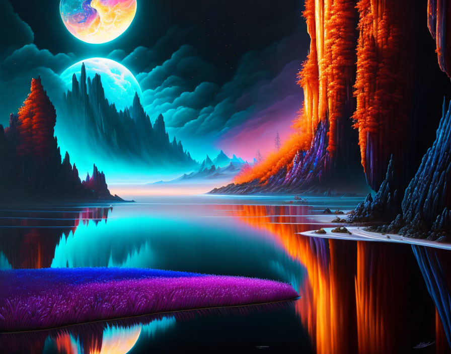 Fantasy landscape with luminous moon, reflective water, colorful flora