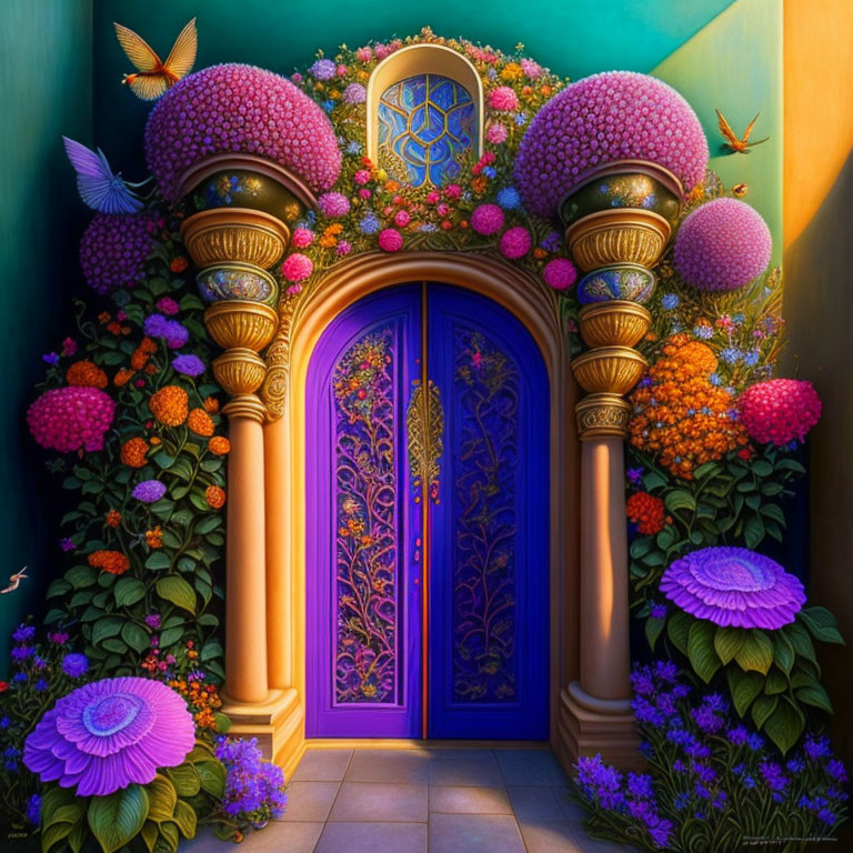 Colorful Flower-Adorned Doorway Illustration in Magical Garden