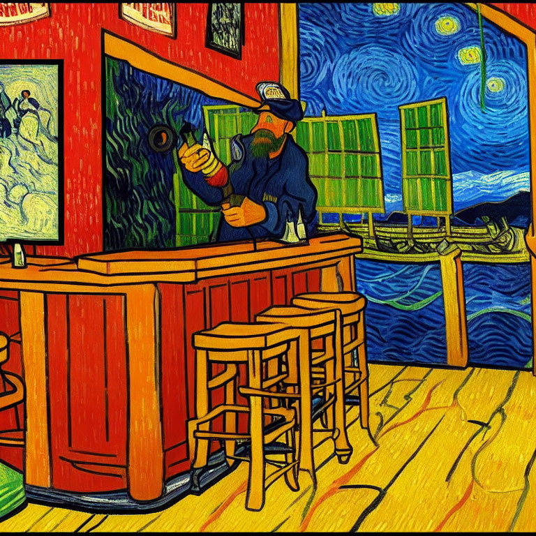 Van Gogh-inspired painting of bartender in swirling colors