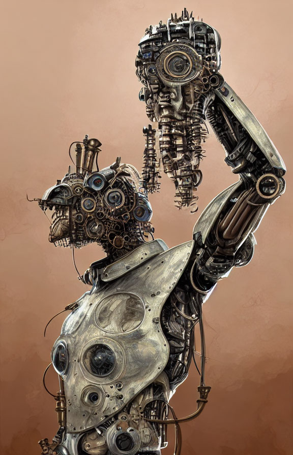 Mechanical humanoid robots artwork with gears and wires on sepia backdrop