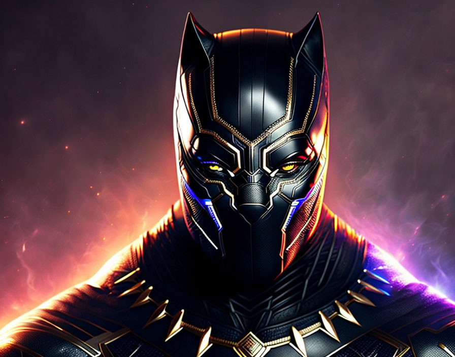 Detailed illustration: Person in Black Panther superhero costume with glowing eyes, cosmic backdrop