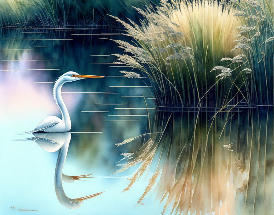 White egret by water in serene painting with reflection and tall grasses
