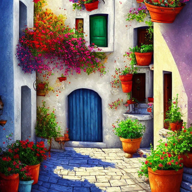 Colorful Flower-Lined Alleyway with Cobblestone Path