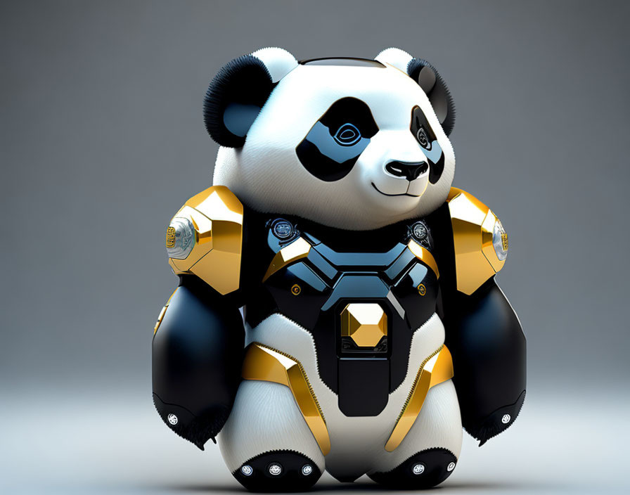 Robotic panda with hexagonal patterns and armored joints in 3D illustration