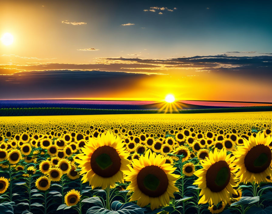 Sunflowers in full bloom at sunset with radiant sun and dramatic sky