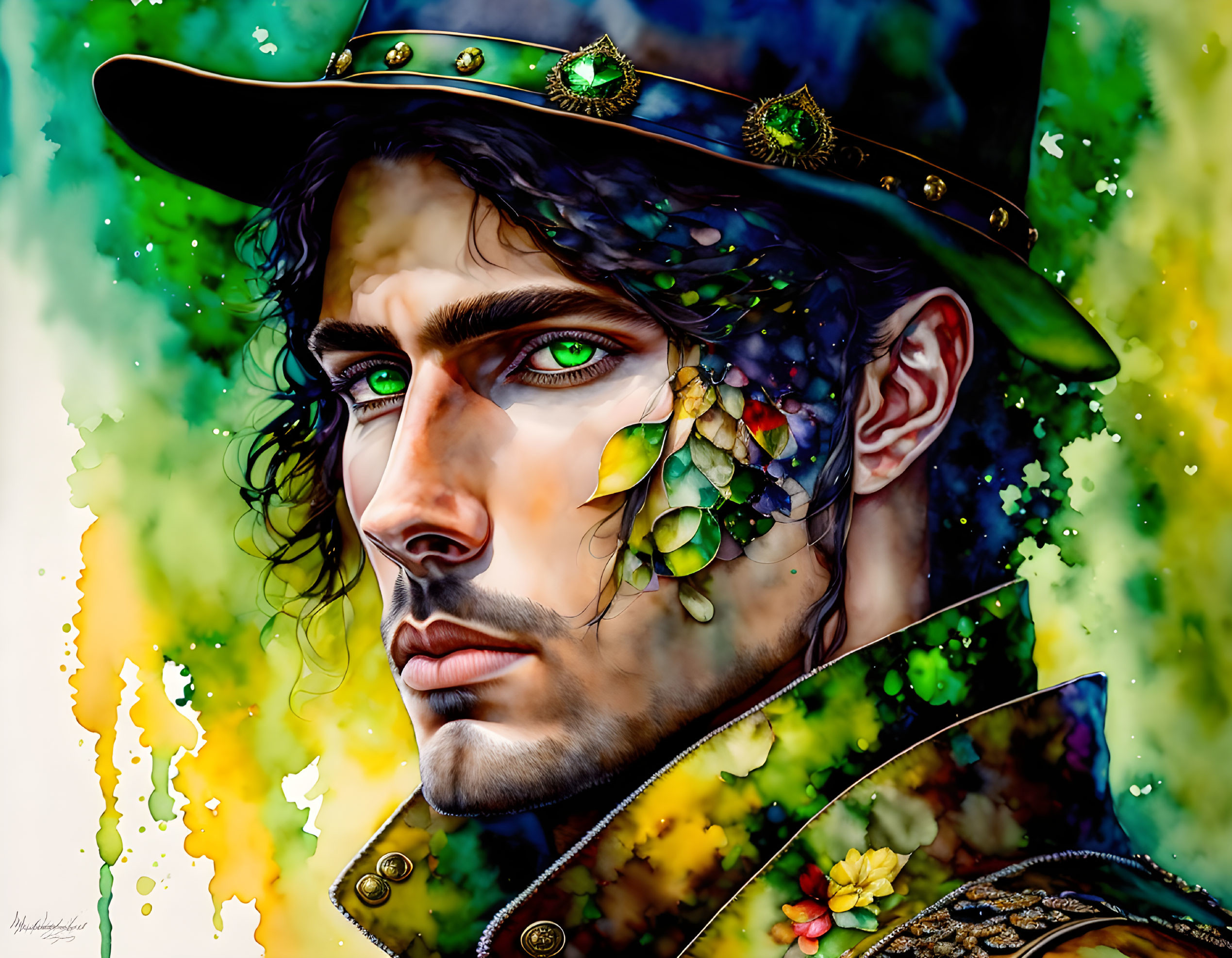 Colorful portrait of a man with green eyes and military-style hat surrounded by vibrant foliage and paint spl