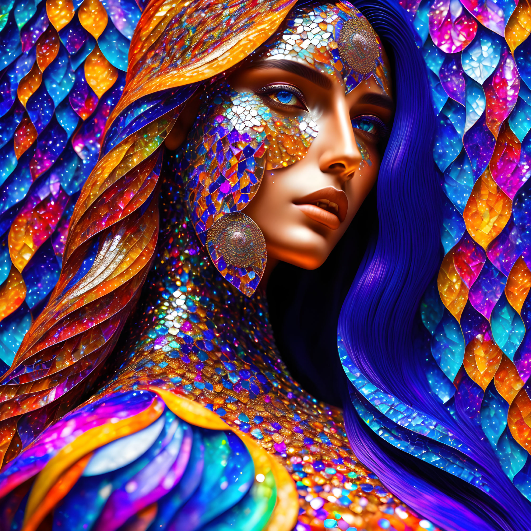 Multicolored mosaic skin and flowing blue hair digital artwork