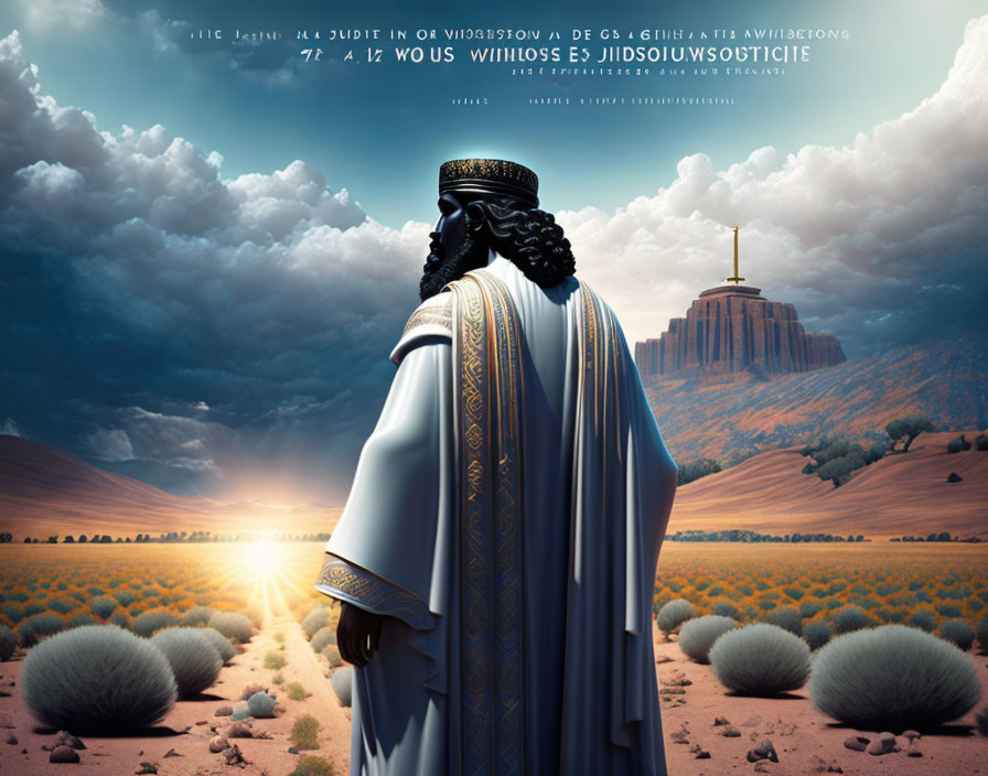 Regal figure in ancient attire gazes at distant temple in desert landscape