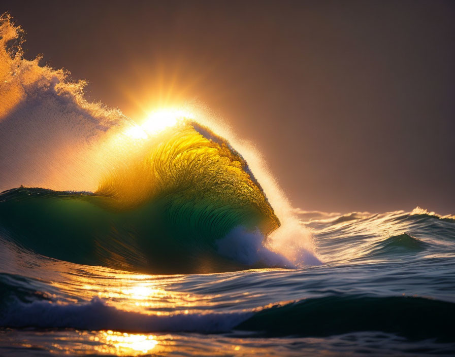 Vibrant Sunset Lighting Up Curling Ocean Wave