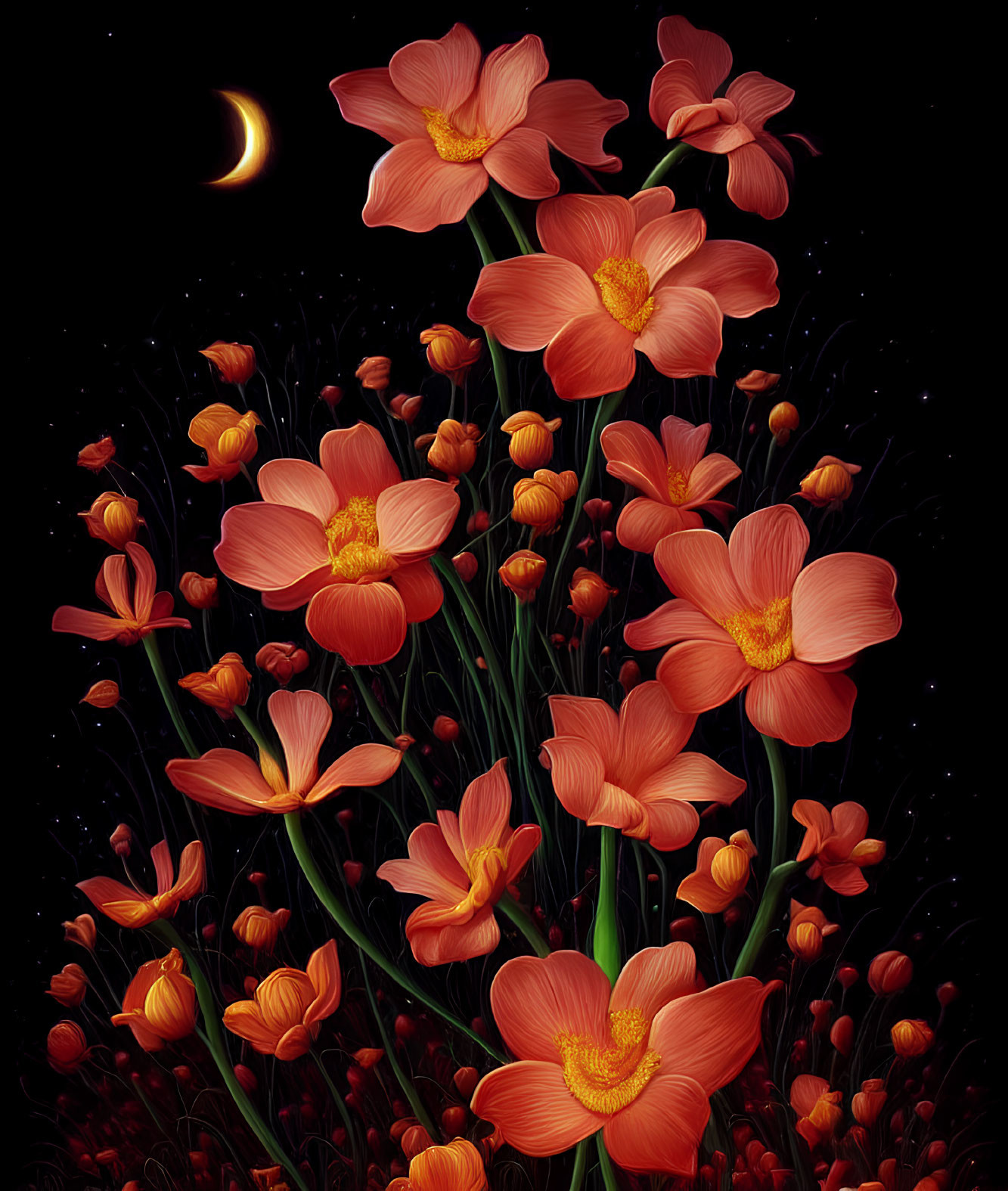 Orange Flowers Blooming in Night Sky with Crescent Moon